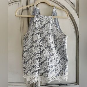 Adiva Blue & White Striped Halter Top Size Medium Floral Lace Overlay
